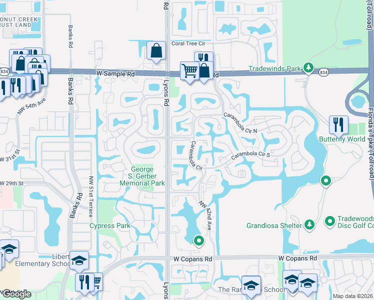 map of restaurants, bars, coffee shops, grocery stores, and more near 3276 Carambola Circle in Coconut Creek