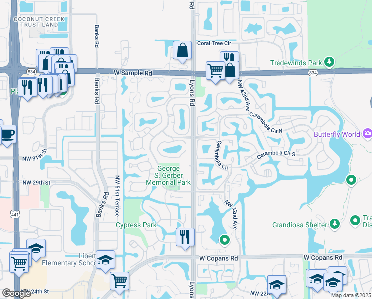 map of restaurants, bars, coffee shops, grocery stores, and more near 176 Northwest 47th Avenue in Coconut Creek