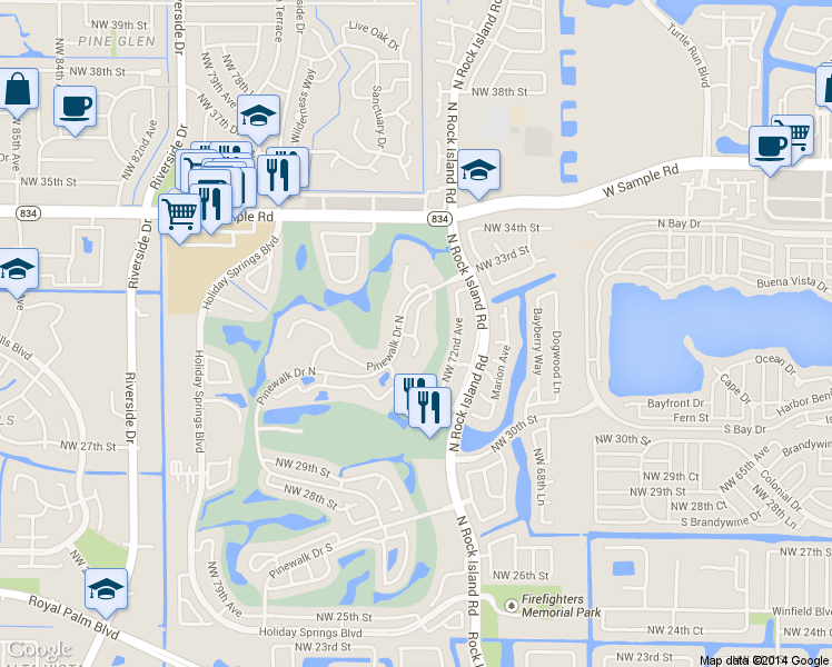 map of restaurants, bars, coffee shops, grocery stores, and more near 3480 Pinewalk Drive North in Margate
