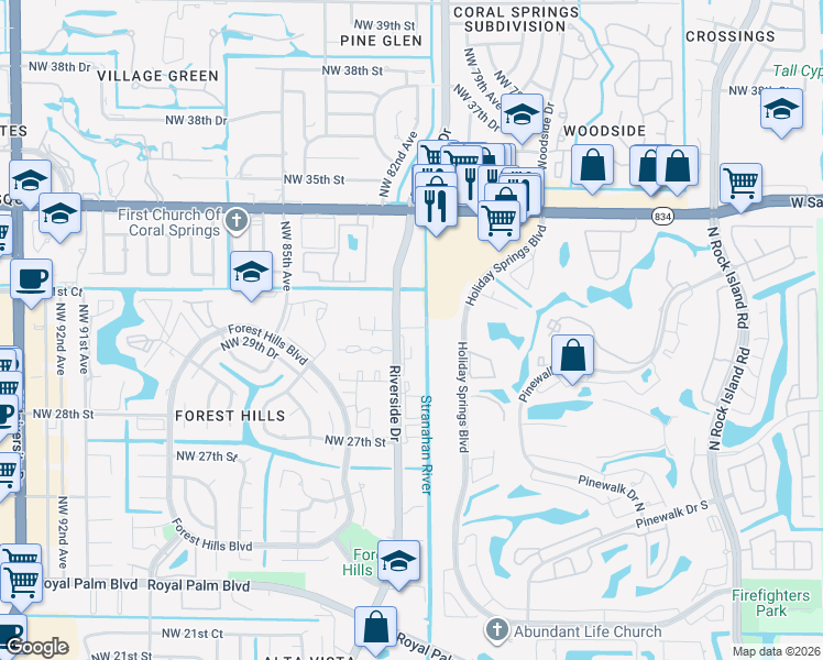 map of restaurants, bars, coffee shops, grocery stores, and more near 3069 Riverside Drive in Coral Springs