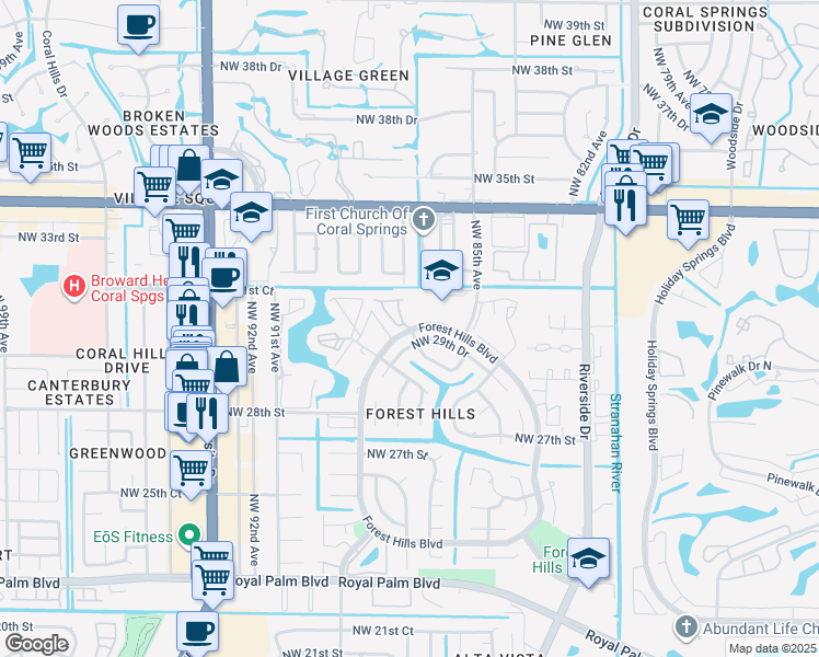 map of restaurants, bars, coffee shops, grocery stores, and more near 8701 Cache in Coral Springs