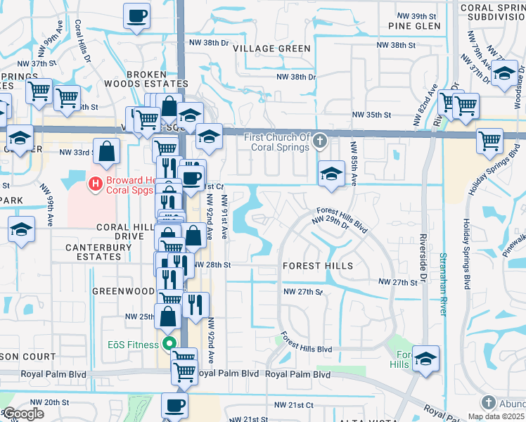 map of restaurants, bars, coffee shops, grocery stores, and more near 9044 Northwest 28th Drive in Coral Springs