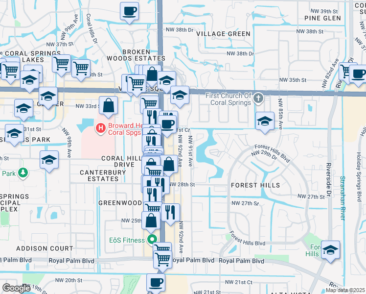 map of restaurants, bars, coffee shops, grocery stores, and more near 3055 Northwest 92nd Avenue in Coral Springs