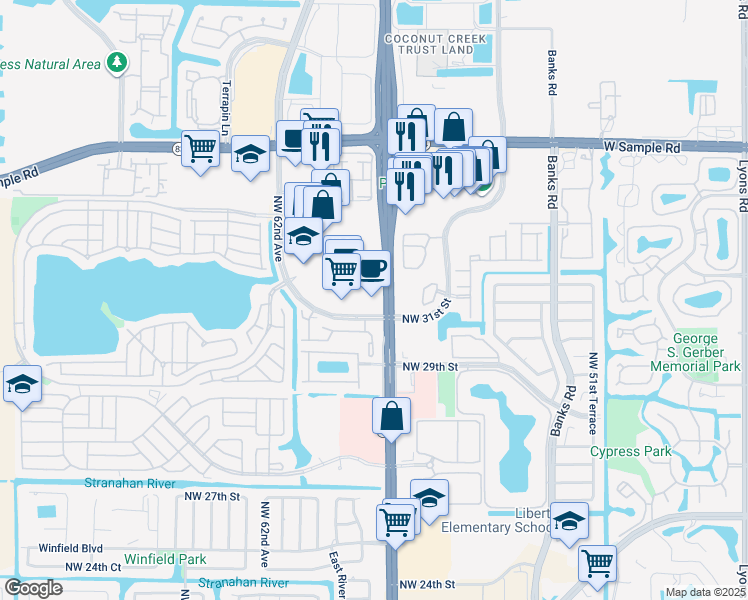 map of restaurants, bars, coffee shops, grocery stores, and more near 3201 Florida 7 in Margate