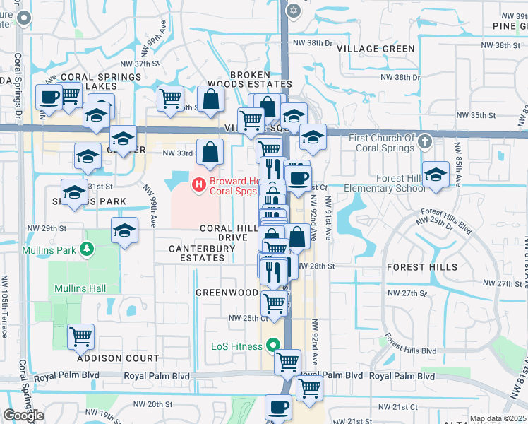 map of restaurants, bars, coffee shops, grocery stores, and more near 3055 Northwest 94th Avenue in Coral Springs