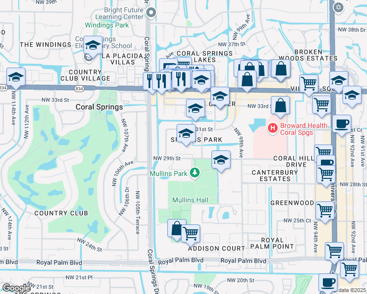map of restaurants, bars, coffee shops, grocery stores, and more near 10257 Northwest 29th Street in Coral Springs