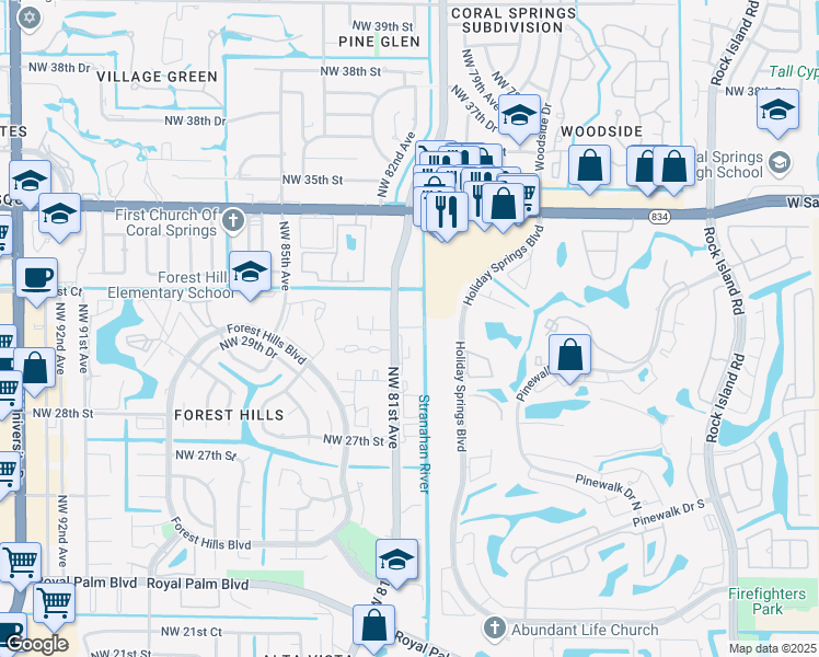 map of restaurants, bars, coffee shops, grocery stores, and more near 3069 Riverside Drive in Coral Springs