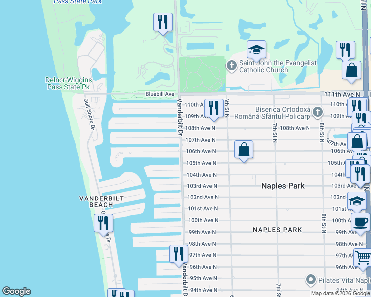 map of restaurants, bars, coffee shops, grocery stores, and more near 10602 Vanderbilt Drive in Naples