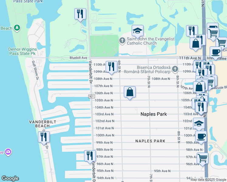 map of restaurants, bars, coffee shops, grocery stores, and more near 573 106th Avenue North in Naples