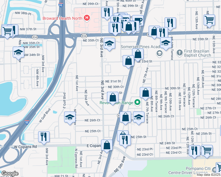 map of restaurants, bars, coffee shops, grocery stores, and more near 350 Northeast 30th Court in Pompano Beach