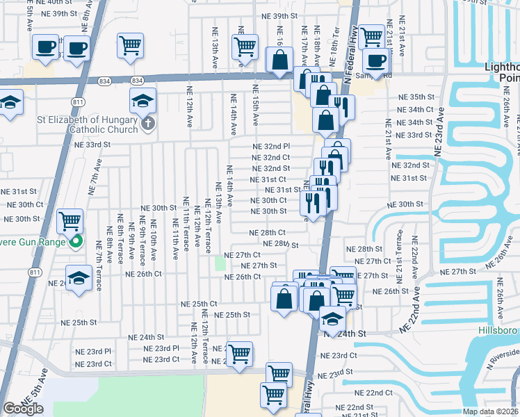 map of restaurants, bars, coffee shops, grocery stores, and more near 1467 Northeast 30th Street in Pompano Beach