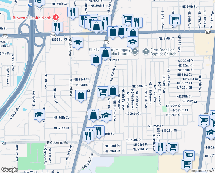 map of restaurants, bars, coffee shops, grocery stores, and more near 2950 Northeast 7th Avenue in Pompano Beach