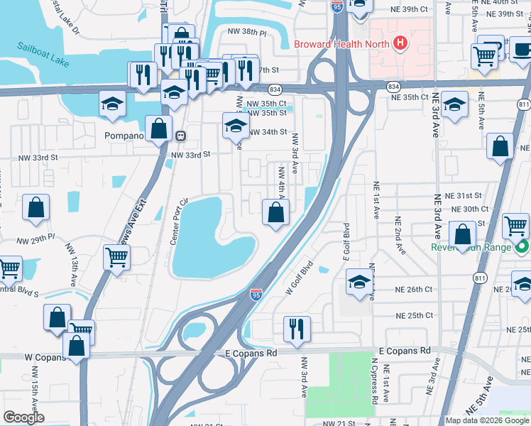 map of restaurants, bars, coffee shops, grocery stores, and more near 3001 Northwest 4th Terrace in Pompano Beach