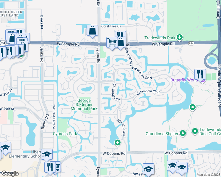 map of restaurants, bars, coffee shops, grocery stores, and more near 3276 Carambola Circle in Coconut Creek