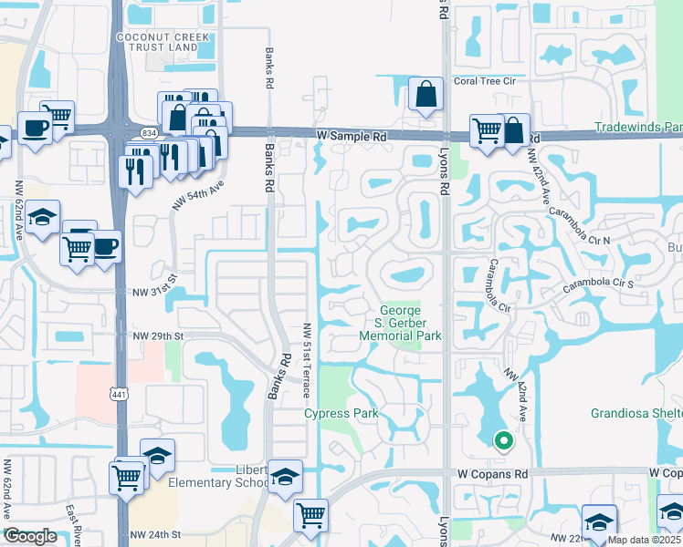 map of restaurants, bars, coffee shops, grocery stores, and more near 19 Cocoplum Circle in Coconut Creek