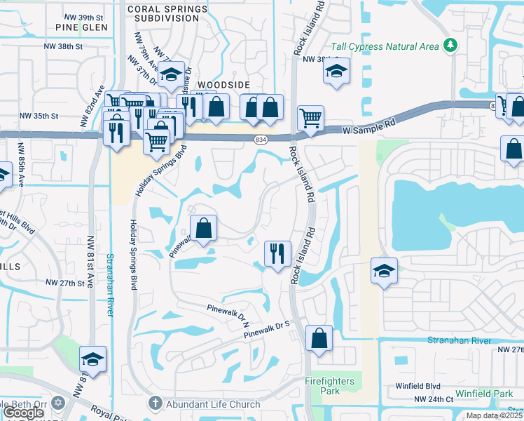 map of restaurants, bars, coffee shops, grocery stores, and more near 3480 Pinewalk Drive North in Margate