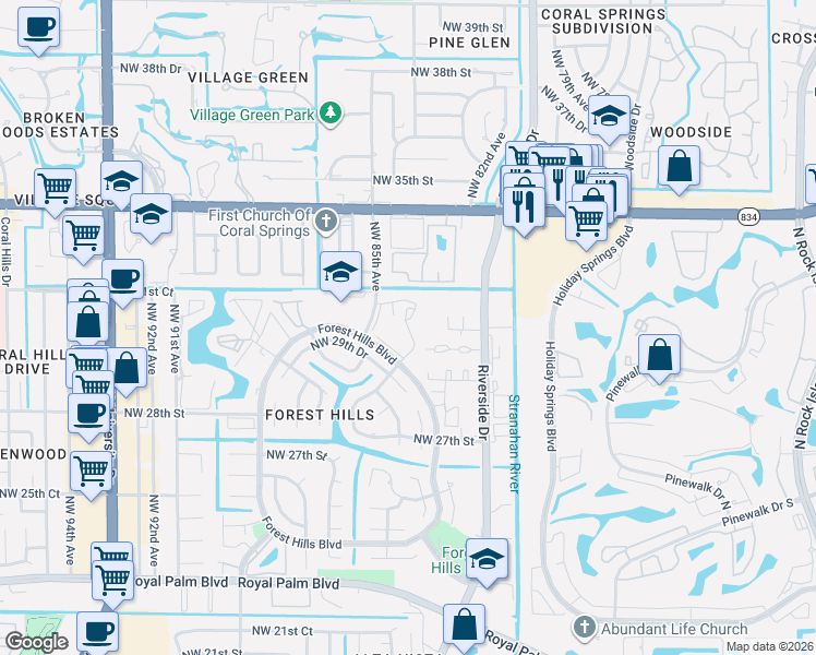 map of restaurants, bars, coffee shops, grocery stores, and more near 8411 Forest Hills Drive in Coral Springs