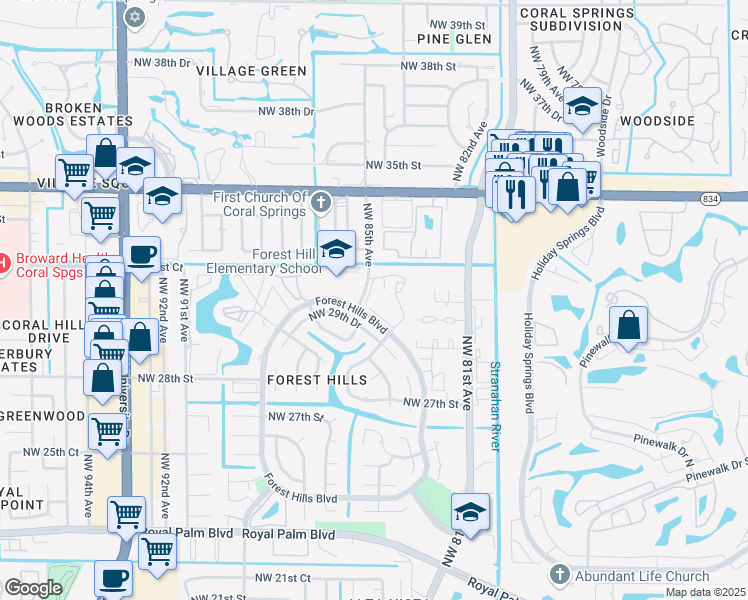 map of restaurants, bars, coffee shops, grocery stores, and more near 8433 Forest Hills Boulevard in Coral Springs