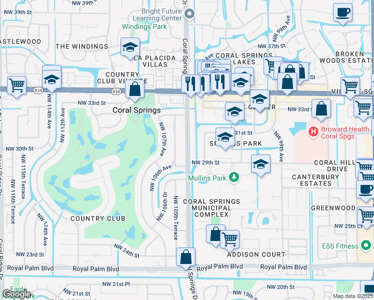 map of restaurants, bars, coffee shops, grocery stores, and more near 3200 Coral Springs Drive in Coral Springs