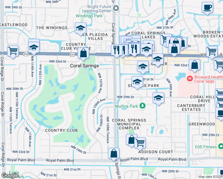 map of restaurants, bars, coffee shops, grocery stores, and more near 3200 Coral Springs Drive in Coral Springs