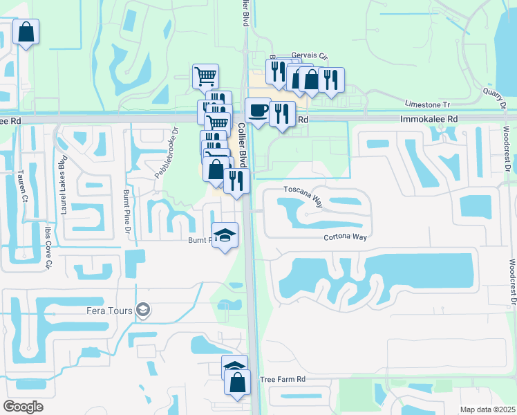 map of restaurants, bars, coffee shops, grocery stores, and more near 15069 Toscana Way in Naples