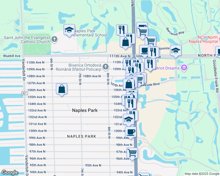 map of restaurants, bars, coffee shops, grocery stores, and more near 799 106th Avenue North in Naples