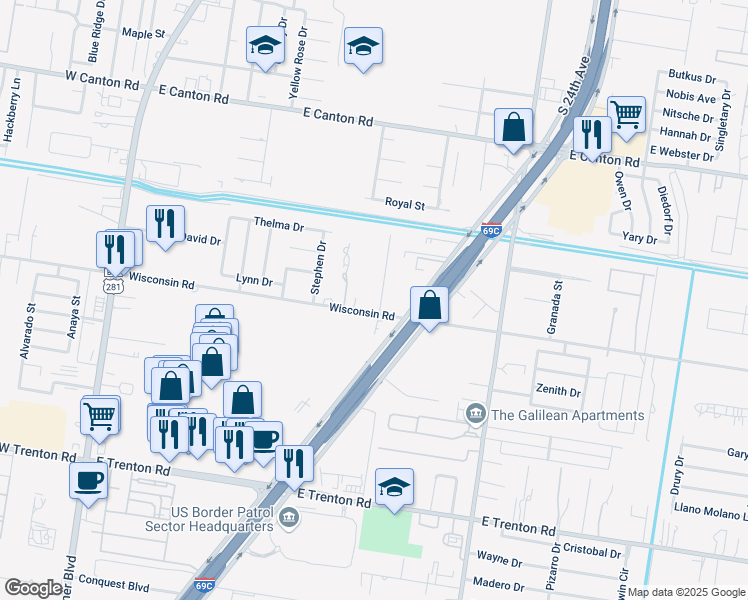map of restaurants, bars, coffee shops, grocery stores, and more near 821 East Wisconsin Road in Edinburg