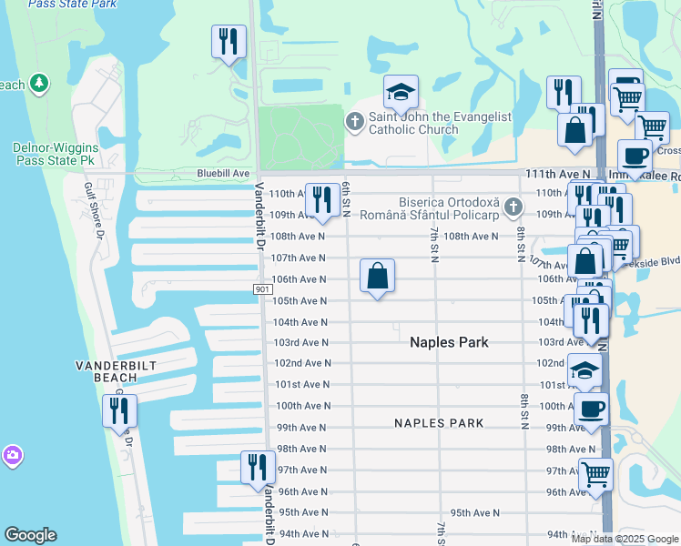 map of restaurants, bars, coffee shops, grocery stores, and more near 573 106th Avenue North in Naples