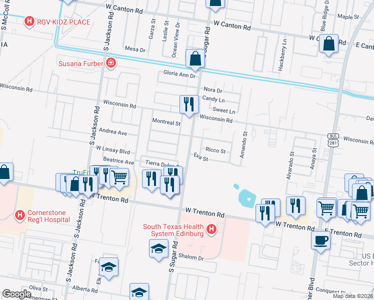 map of restaurants, bars, coffee shops, grocery stores, and more near 3723 South Sugar Road in Edinburg
