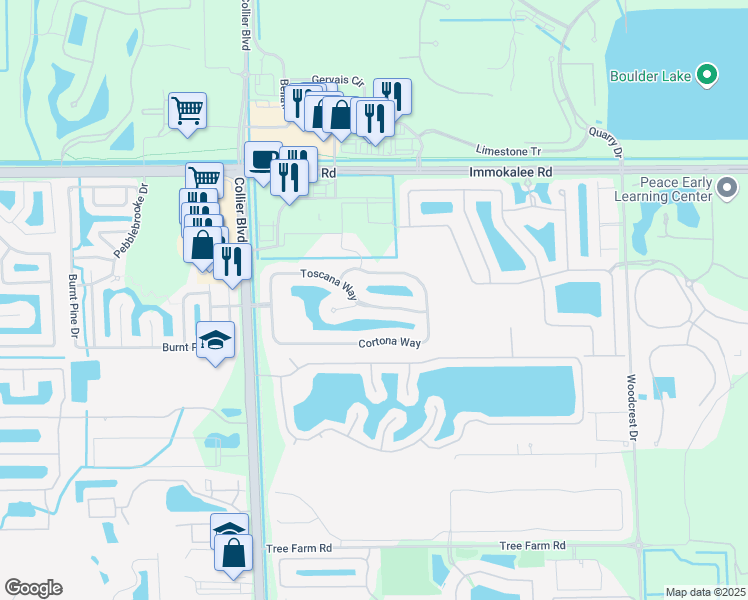 map of restaurants, bars, coffee shops, grocery stores, and more near 14889 Toscana Way in Naples