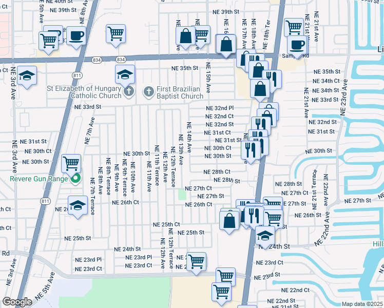 map of restaurants, bars, coffee shops, grocery stores, and more near 1411 Northeast 30th Street in Pompano Beach