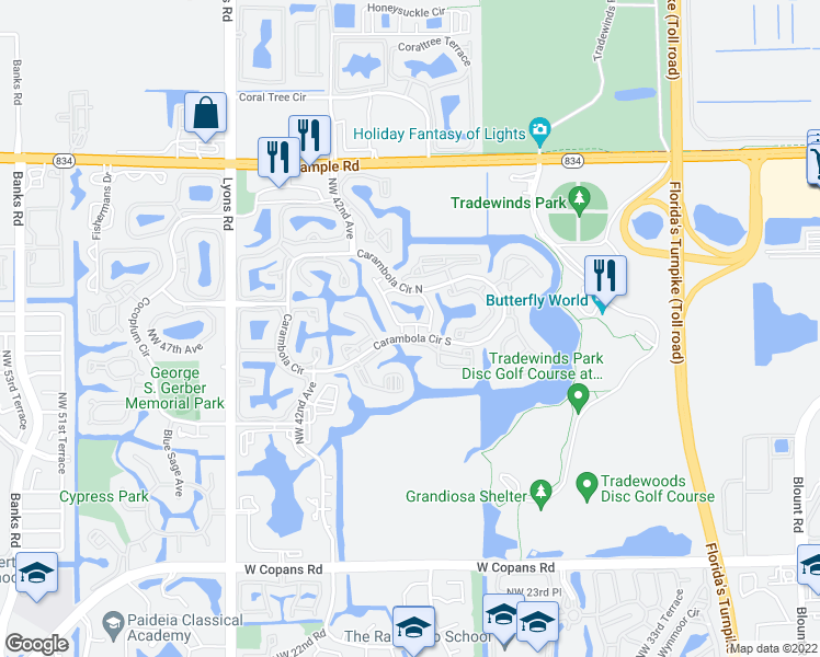 map of restaurants, bars, coffee shops, grocery stores, and more near 104 Baywood III in Coconut Creek
