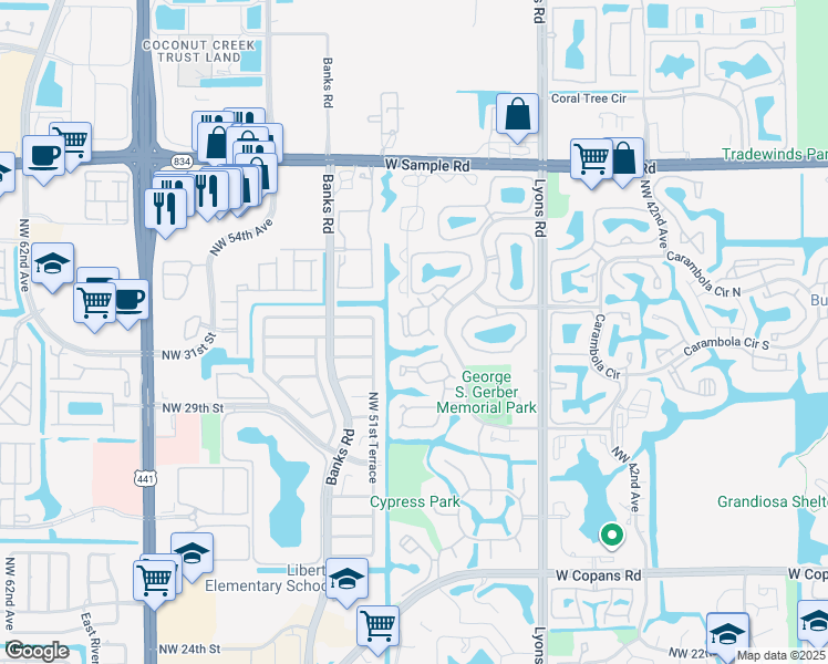map of restaurants, bars, coffee shops, grocery stores, and more near 19 Cocoplum Circle in Coconut Creek