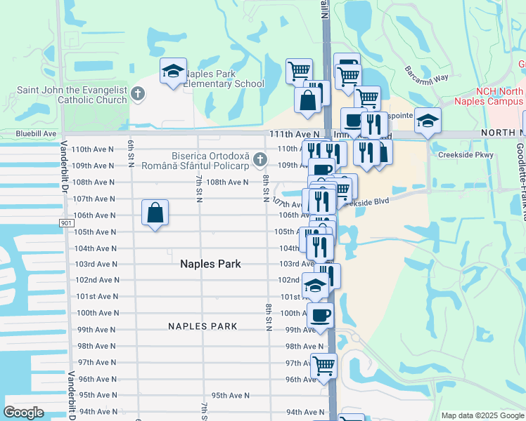 map of restaurants, bars, coffee shops, grocery stores, and more near 799 106th Avenue North in Naples