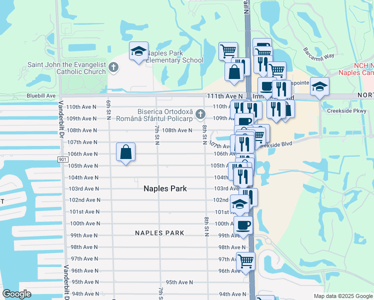 map of restaurants, bars, coffee shops, grocery stores, and more near 763 106th Avenue North in Naples