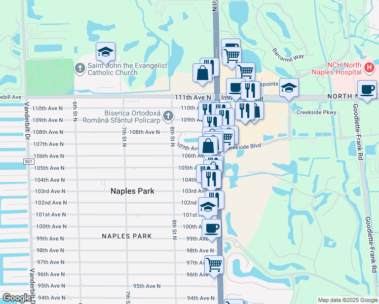 map of restaurants, bars, coffee shops, grocery stores, and more near 835 106th Avenue North in Naples