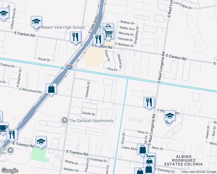map of restaurants, bars, coffee shops, grocery stores, and more near 1802 Yellow Stone Street in Edinburg