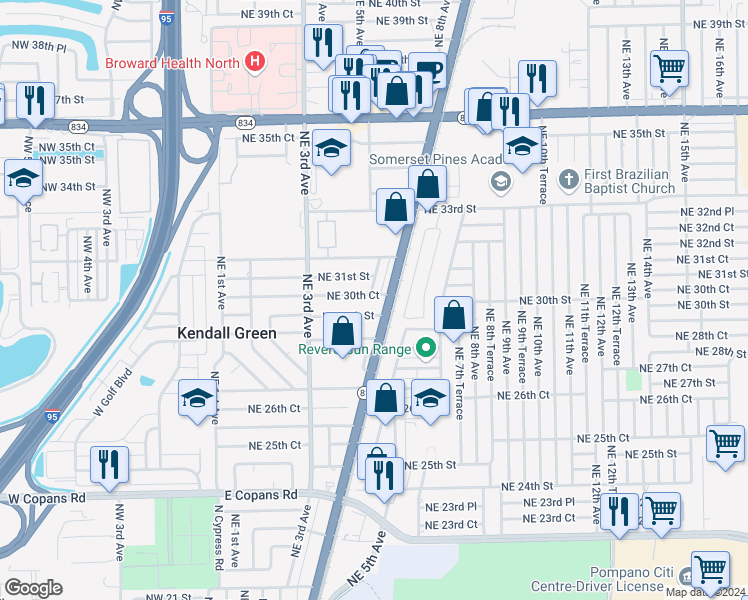 map of restaurants, bars, coffee shops, grocery stores, and more near 500 Northeast 30th Court in Pompano Beach