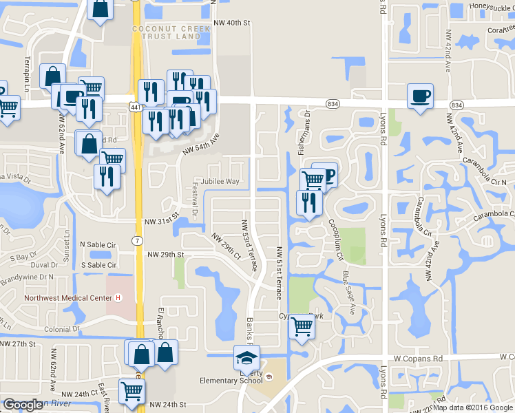 map of restaurants, bars, coffee shops, grocery stores, and more near 5187 Northwest 32nd Street in Margate