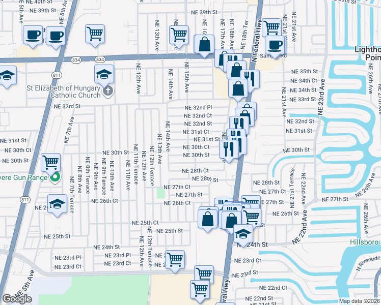 map of restaurants, bars, coffee shops, grocery stores, and more near 1467 Northeast 30th Street in Pompano Beach