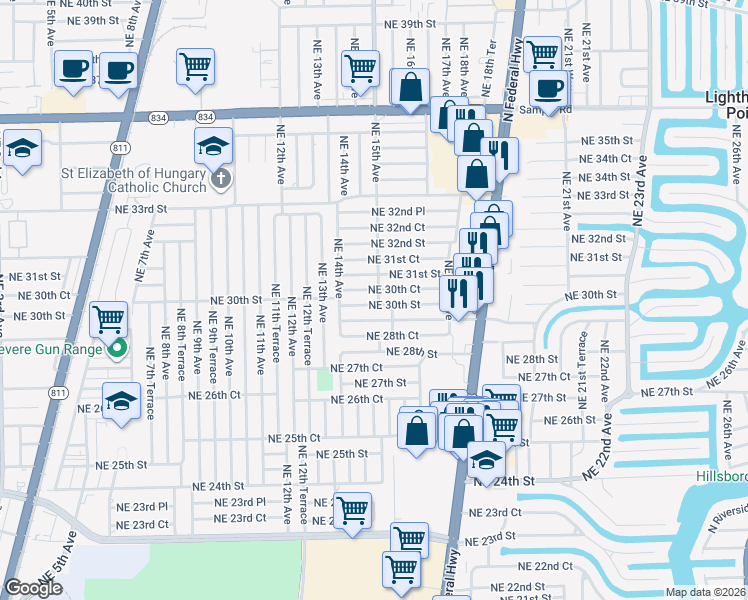 map of restaurants, bars, coffee shops, grocery stores, and more near 1467 Northeast 30th Street in Pompano Beach