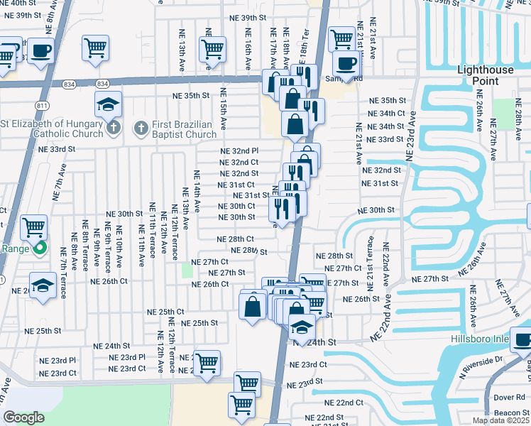 map of restaurants, bars, coffee shops, grocery stores, and more near 1686 Northeast 30th Street in Pompano Beach