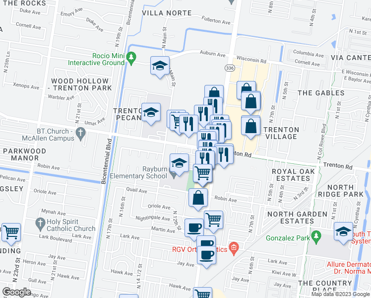 map of restaurants, bars, coffee shops, grocery stores, and more near 1204 Sandpiper Avenue in McAllen