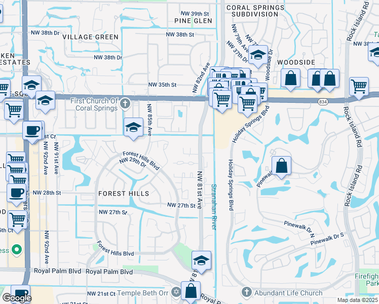 map of restaurants, bars, coffee shops, grocery stores, and more near 3058 Riverside Drive in Coral Springs