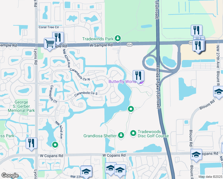 map of restaurants, bars, coffee shops, grocery stores, and more near 2741 Carambola Circle South in Coconut Creek