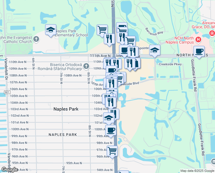 map of restaurants, bars, coffee shops, grocery stores, and more near 871 106th Ave N in Naples