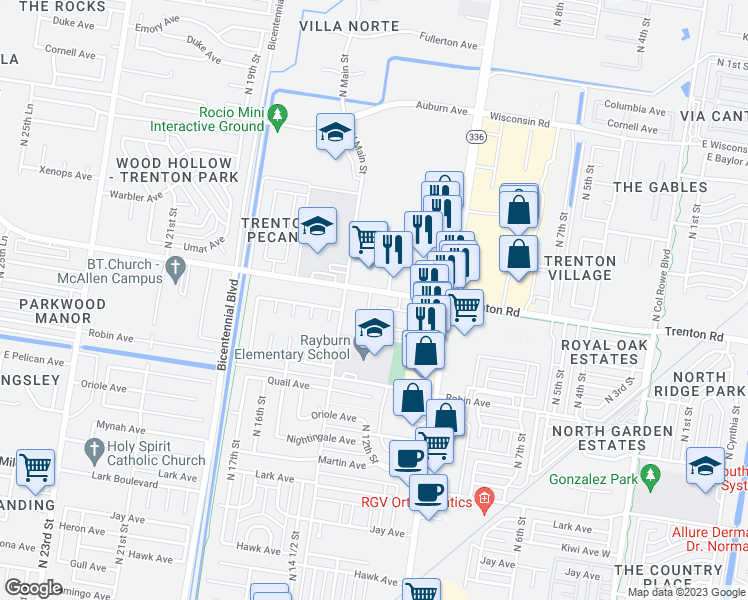 map of restaurants, bars, coffee shops, grocery stores, and more near 7123 North 12th Lane in McAllen