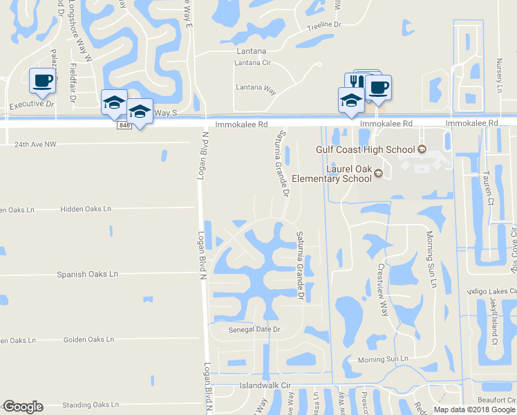 map of restaurants, bars, coffee shops, grocery stores, and more near 1342 Triandra Lane in Naples