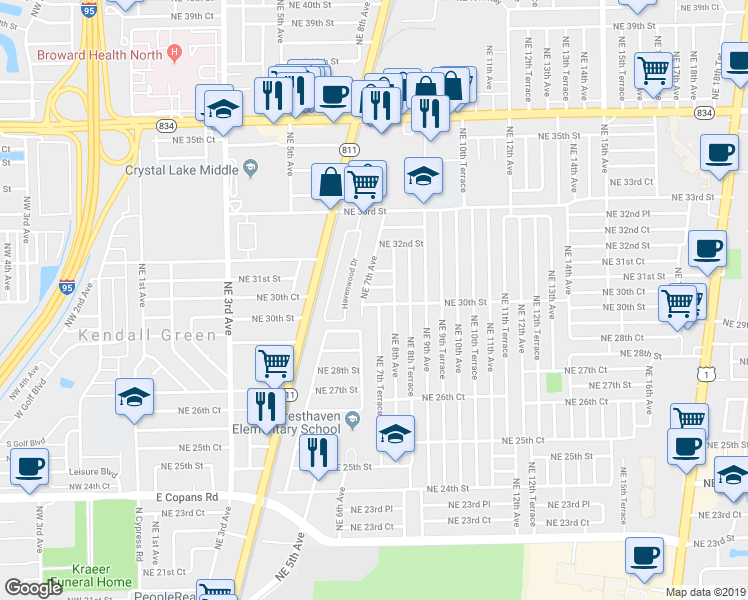map of restaurants, bars, coffee shops, grocery stores, and more near 2950 Northeast 7th Avenue in Pompano Beach