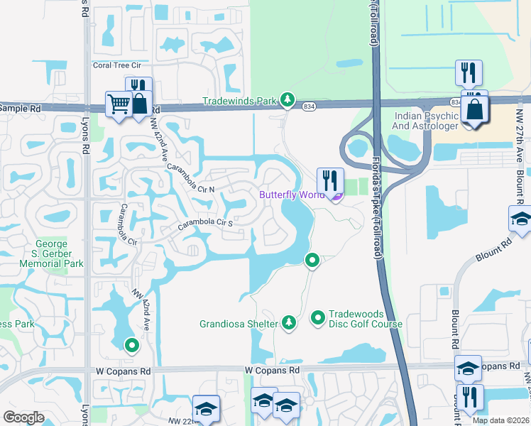 map of restaurants, bars, coffee shops, grocery stores, and more near 2741 Carambola Circle South in Coconut Creek